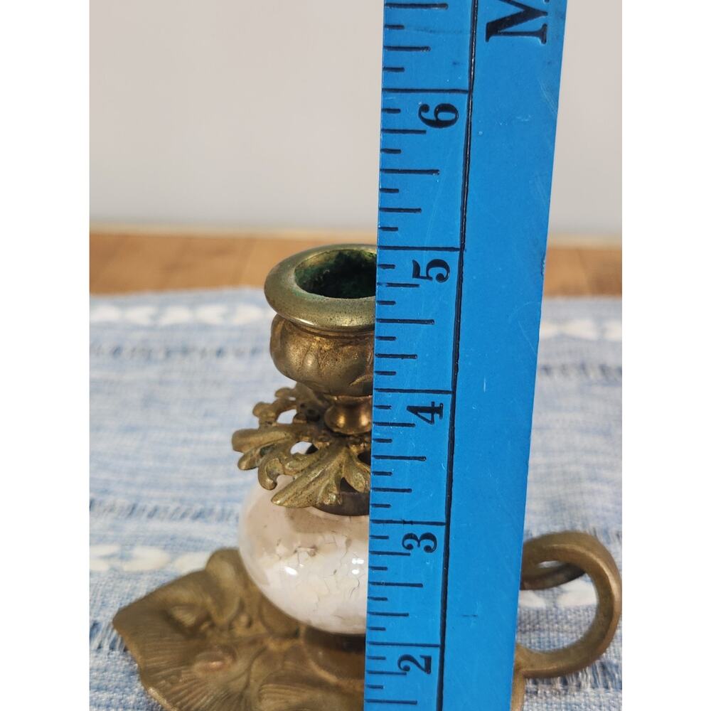 Vintage Brass White Crackle Glass Chamberstick Candle Holder Ornate 5" - Picture 7 of 8